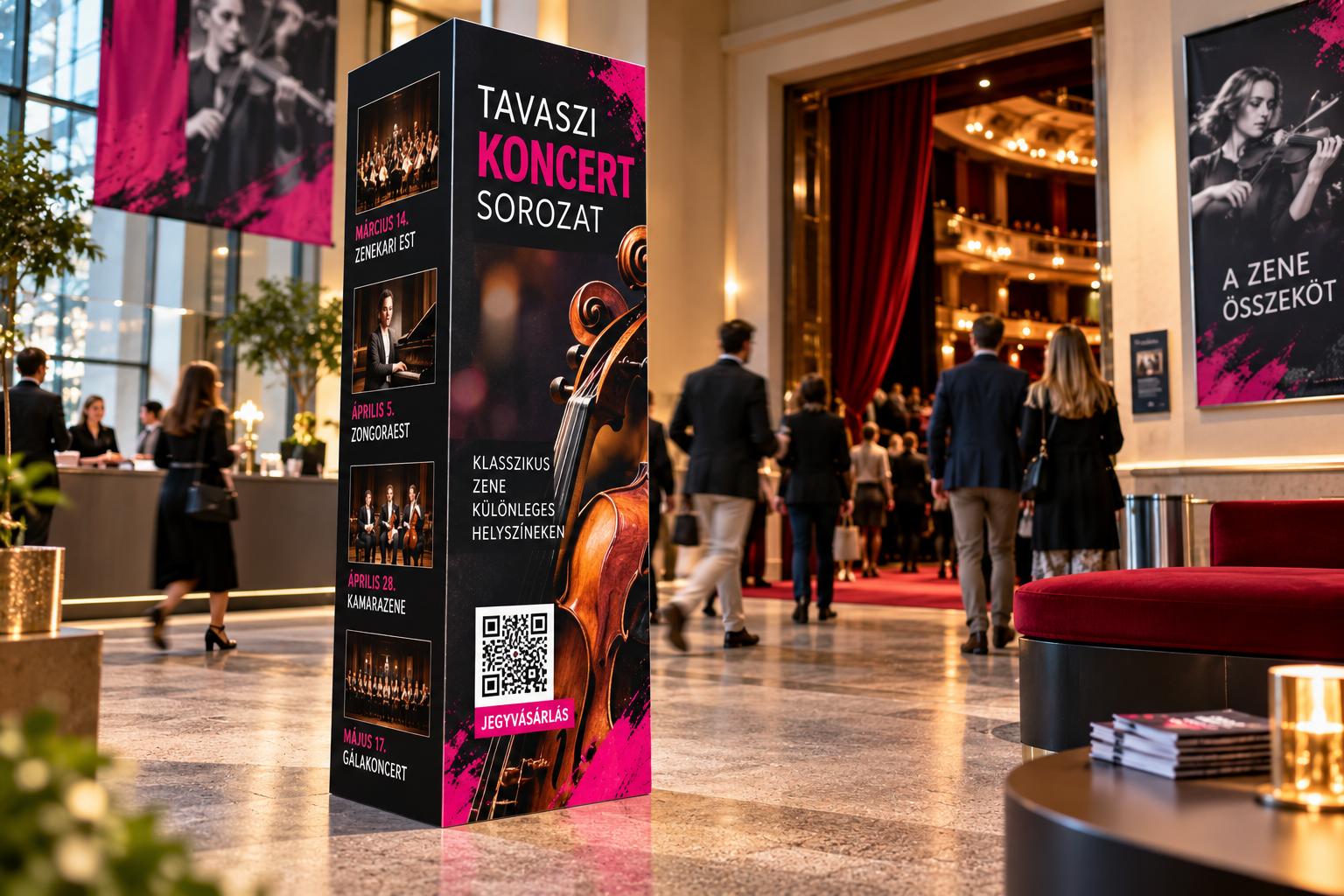 Tavaszi koncertsorozat a kulturális lobbyban hullámkarton totem reklámeszközzel